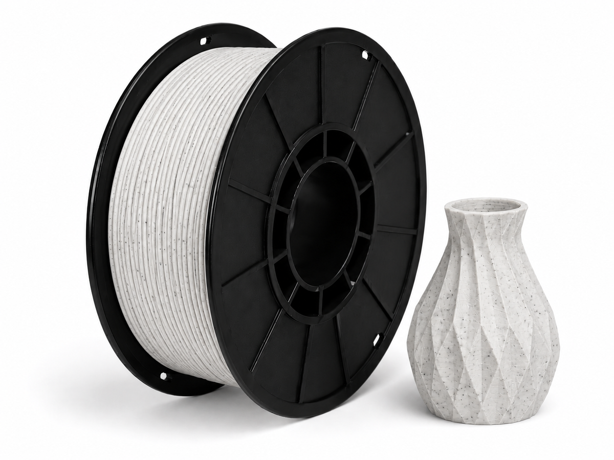 פילמנט PLA Marble - Marble White — סליל ודוגמת הדפסה