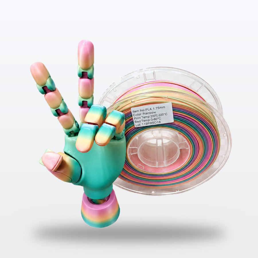 יד מפרקית שהודפסה בפילמנט PLA Rainbow לצד הסליל