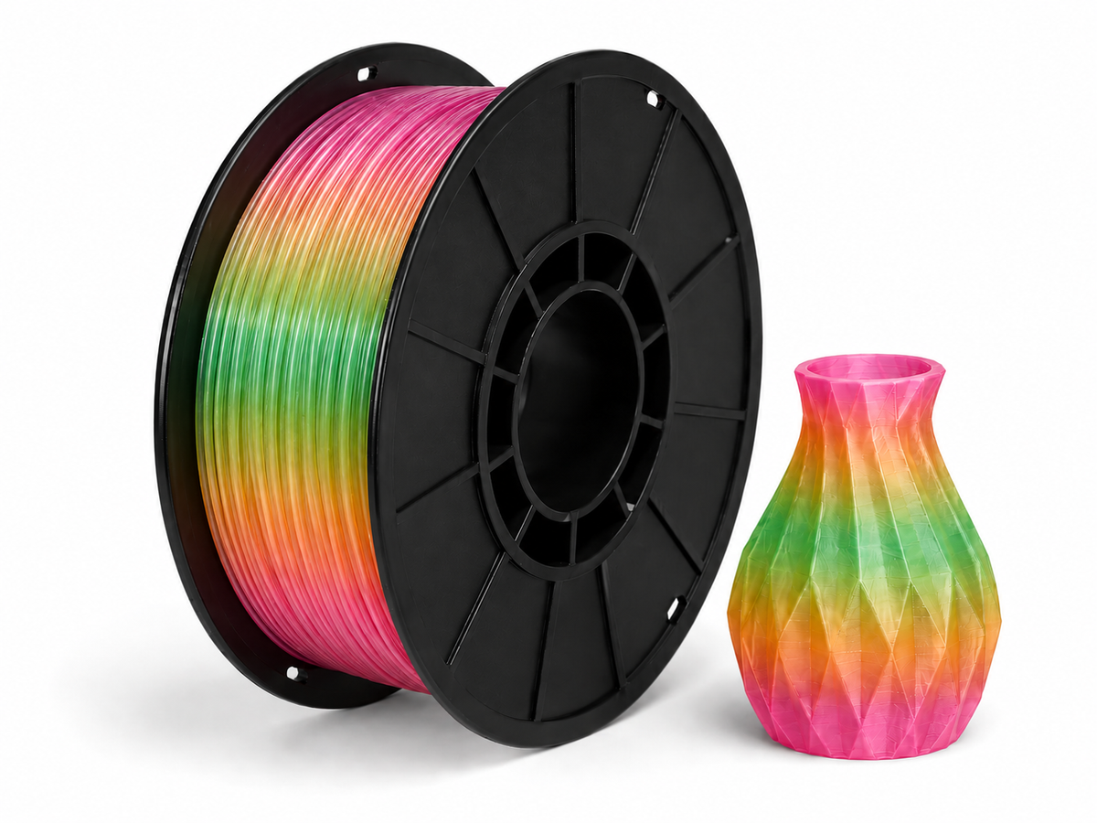 פילמנט PLA Transparent Rainbow - Pink Green Orange Rainbow — סליל ודוגמת הדפסה